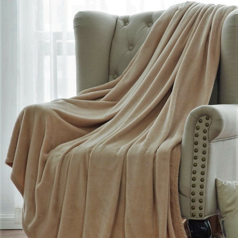 Set of 2 Sand/Tan Plush Throw Super Soft Blanket